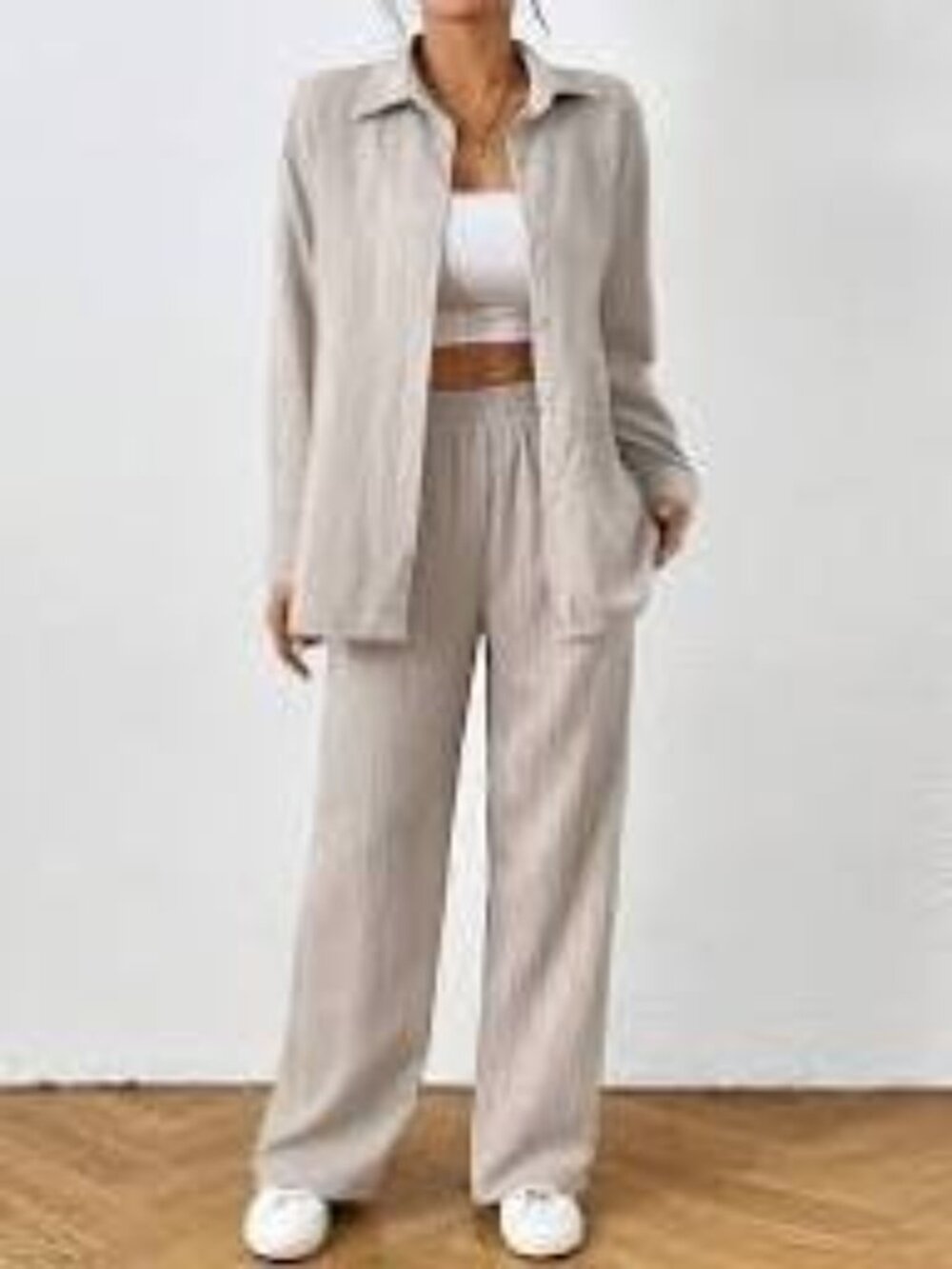 SHEIN Crinkle Lightweight Two-Piece Set Pants & Long Sleeve Top in Pale Taupe L